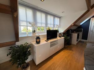 a living room with a flat screen tv on a counter at Fuchsiahoeve in Blaricum