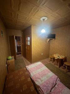 a bedroom with a bed and a light on the ceiling at U Janiny in Czarna Góra