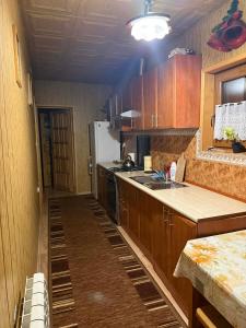 a kitchen with a long floor in the middle of it at U Janiny in Czarna Góra