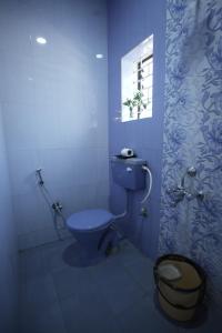 a bathroom with a blue toilet and a window at Beachouse Beachfront Cottages And Suites in Calangute +61 photos