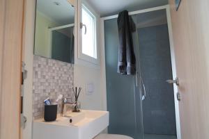 a bathroom with a sink and a shower at Tiny House - Camping am Lippesee in Paderborn +1 photo