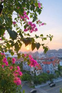 a view of a city at sunset with pink flowers at Candy Hotel Hạ Long in Ha Long