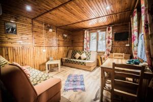 a living room with a couch and a tv at Leśna Ryba I Domki nad jeziorem z parkiem linowym in Jedlanka Stara