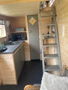 a kitchen with a ladder in a tiny house at Op zoek naar een leuke overnachting Te huur Prachtig Tiny House De Hutte in Siddeburen