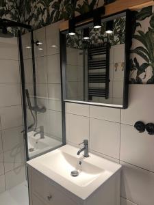 a bathroom with a sink and a mirror at Apartament M6 in Leśna