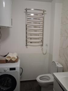 a bathroom with a toilet and a washing machine at Майдан house in Maidan Village +11 photos