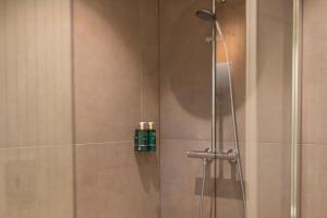 a shower with a glass door with a green bottle at Maybua by May's in Reine +35 photos
