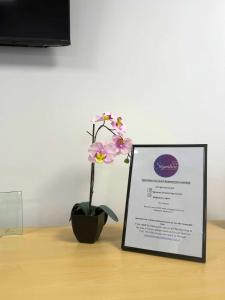 a flower in a vase sitting next to a sign at Signature - Caldercruix House in Caldercruix