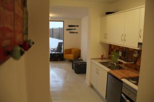 uma cozinha com um lavatório e uma bancada em Garden Apartment em Lisboa