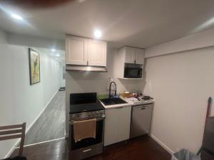 a small kitchen with a stove and a sink at Cute and Cozy Studio with Private Parking in Montreal