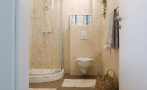 a bathroom with a shower and a toilet and a sink at Apartments King and Queen in Povile +22 photos