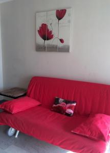a red couch in a living room with red pillows at Appartement le Saint James in Nice