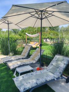 a group of lounge chairs under an umbrella at Casa de Vacanta Nufarul Crisan in Tulcea