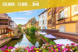 a view of a canal with buildings and flowers at Chic Home - Turckheim in Turckheim