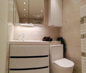 a bathroom with a white sink and a toilet at Gîte Chez Amélie in Le Monestier