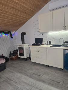 a kitchen with white cabinets and a stove in it at Agroturystyka Nad Stawem in Sulęcin