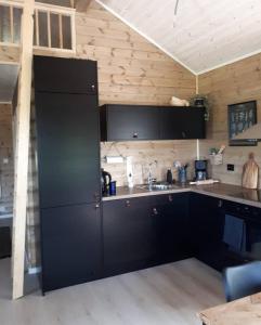 a kitchen with black cabinets and a black refrigerator at Hyttekos i Telemark in Åmli