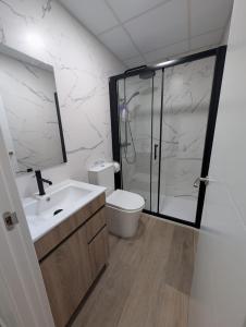 a bathroom with a shower and a sink and a toilet at Bajo Alcobendas in Alcobendas