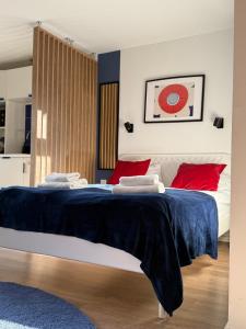 a bedroom with a bed with blue sheets and red pillows at Przy Ratuszu Idealny dla par Dzikie wino by Rentoom in Toruń