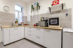 a kitchen with white cabinets and a microwave at Duplex City Hag in Haguenau +11 photos