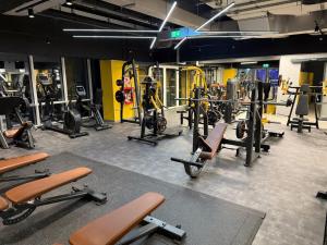 a gym with lots of exercise bikes and tread machines at Large Studio - Balcony - Spa and Gym in Building - Free Parking in Sinaia