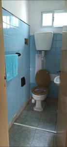 a blue bathroom with a toilet and a sink at Graciana Quequén in Necochea