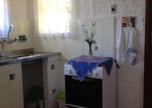 a kitchen with a vase on top of a stove at Passarim Chalé in Monte Verde