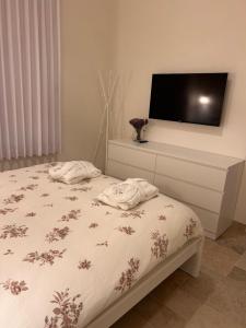 a bedroom with a bed with a tv on the wall at בצל האורן Betzel haoren in El-Rom