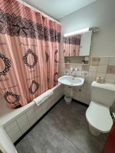 a bathroom with a sink and a toilet and a shower curtain at Zak Neuhausen in Neuhausen am Rheinfall +43 photos