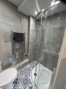 a bathroom with a shower and a toilet at Lifeboat House in Skerries