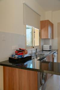 a kitchen with a counter with a sink and a stove at Sorelia Latchi Villas 1- Merope Irena in Polis Chrysochous