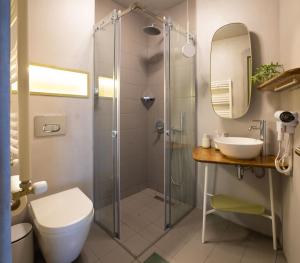 a bathroom with a shower and a toilet and a sink at Ruby Hostel, Kutaisi - Private & Shared Rooms in Kutaisi