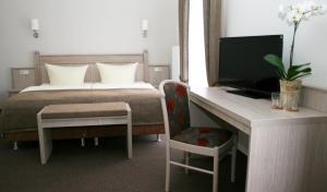 um quarto com uma cama e uma secretária com uma televisão em Landhaus Heinrichshof em Jüterbog