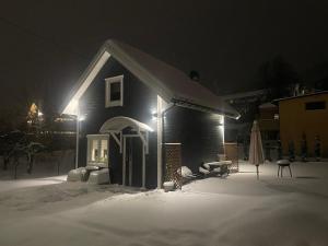 a house with a snow covered yard at night at Domek na Blejchu ,domek w centrum Wisły in Wisła +6 photos