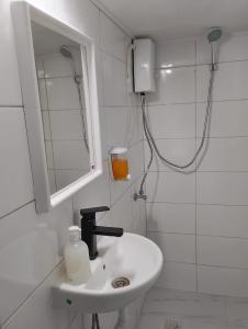 a bathroom with a sink and a mirror and a shower at GuestHouse2 Karma369 in Plovdiv +9 photos