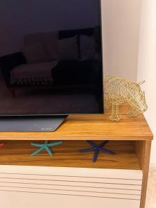 a television on top of a wooden table at Apê 5 min da praia de Copacabana, Pet Friendly in Rio de Janeiro