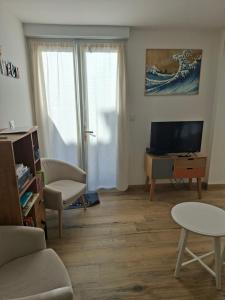 a living room with a couch and a tv and a table at Penvins in Sarzeau