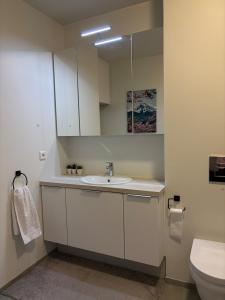 a white bathroom with a sink and a toilet at Cozy ocean front apartment in Reykjavík +14 photos