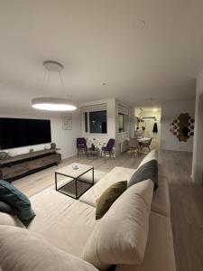 a living room with a couch and a tv at Cozy ocean front apartment in Reykjavík