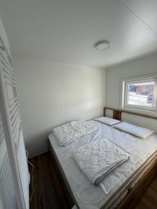 a bedroom with a bed with white sheets and a window at Hiška Moravska ravnica in Moravske-Toplice +7 photos