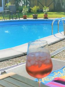 a drink sitting on a table next to a swimming pool at 09 Gänseweide - Hof Wiesengrund in Parchtitz +23 photos