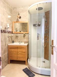 a bathroom with a shower and a sink at La Rose du Château in Lourdes +16 photos