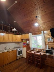 a kitchen with wooden cabinets and a stove top oven at בקתת העץ של מירה ואמיר in Beit Hillel