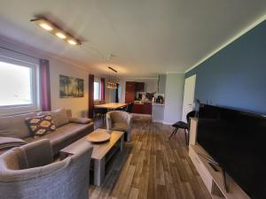 a living room with a couch and a flat screen tv at 03 Blumenwiese - Hof Wiesengrund in Parchtitz