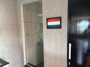 a bathroom with a shower and a painting on the wall at Amsterdam Lofts Deluxe in Poços de Caldas