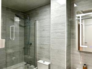 a bathroom with a shower and a toilet and a sink at Victory Gate 3 double bed House in Old Portsmouth Parking Pets in Portsmouth