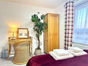 a bedroom with a bed and a table and a plant at Victory Gate 3 double bed House in Old Portsmouth Parking Pets in Portsmouth