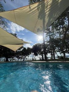 a close up of a pool of water with a umbrella at Magalong Beach Resort in Busuanga +39 photos