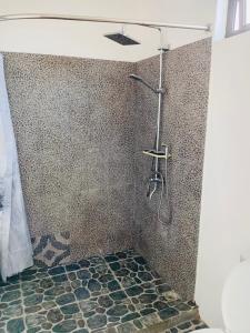 a bathroom with a shower with a stone floor at Quiet corner ideal for holidays in Centre de Flacq +5 photos