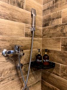 a shower in a bathroom with two soap bottles at Beli Bregovi Lux in Zlatibor +39 photos